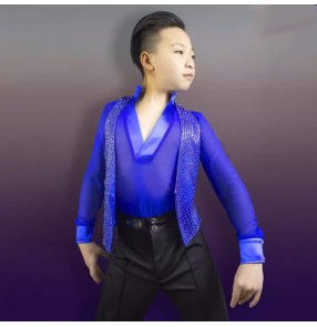 Custom size royal blue white red gemstones competition latin dance shirts for kids boys professional waltz tango latin performance  tops with vest